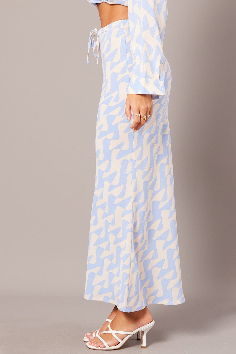 Blue Abstract Slip Skirt Maxi Drawstring Waist for Ally Fashion