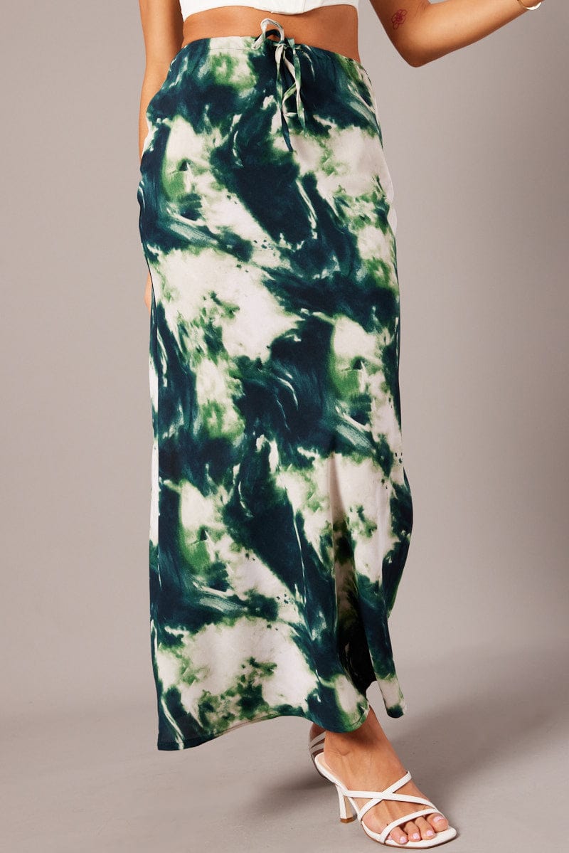 Green Abstract Slip Skirt Maxi Drawstring Waist for Ally Fashion