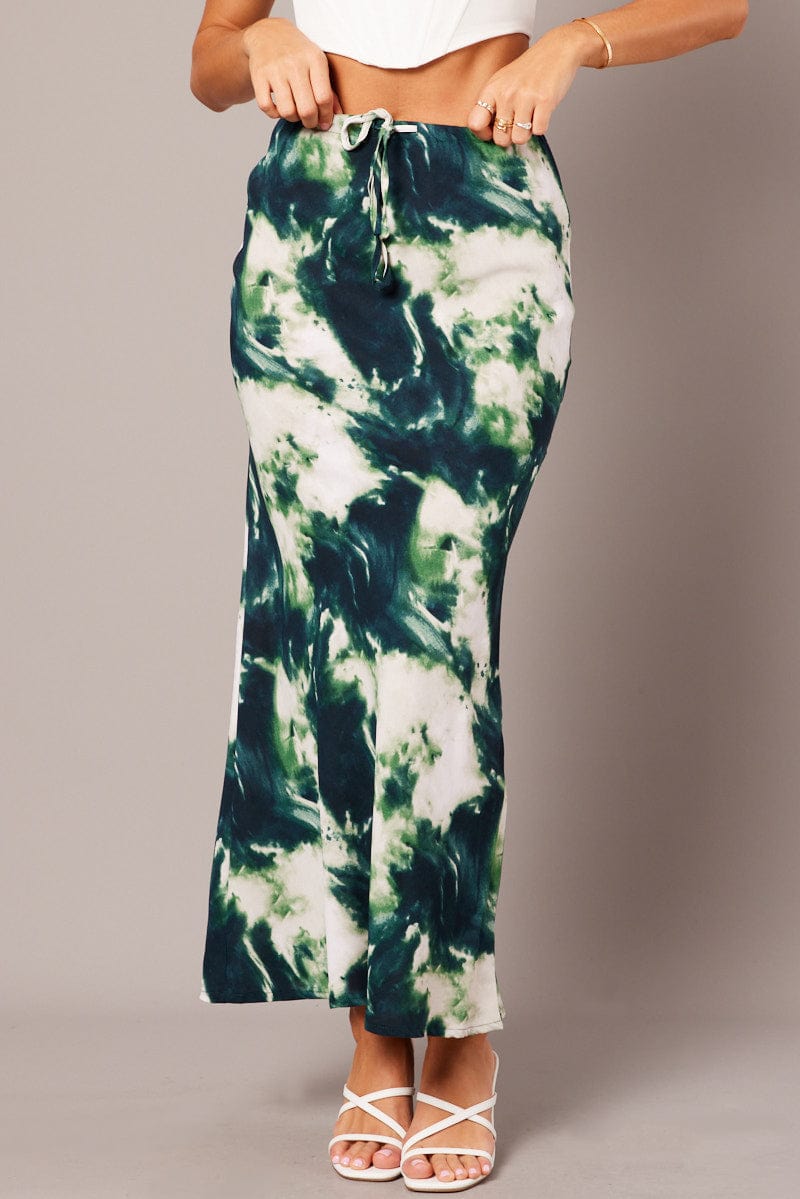 Green Abstract Slip Skirt Maxi Drawstring Waist for Ally Fashion