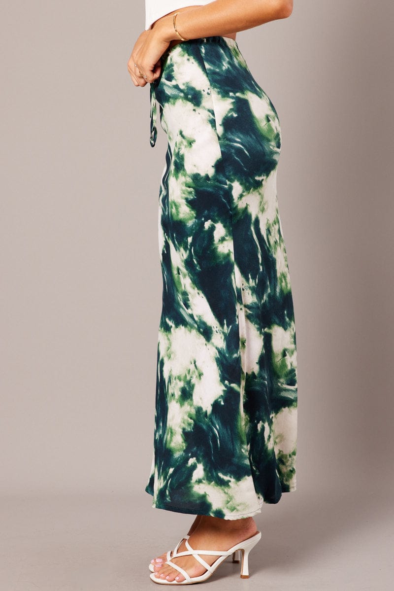 Green Abstract Slip Skirt Maxi Drawstring Waist for Ally Fashion