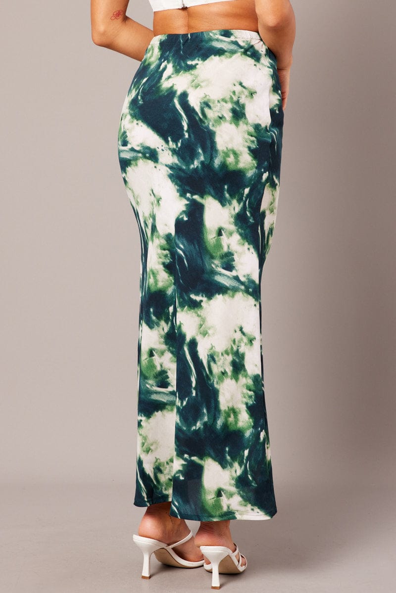 Green Abstract Slip Skirt Maxi Drawstring Waist for Ally Fashion