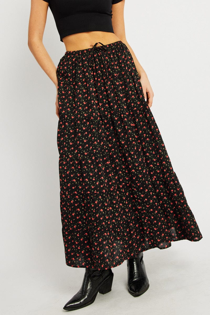 Black Ditsy Maxi Skirt Tiered High Rise for Ally Fashion