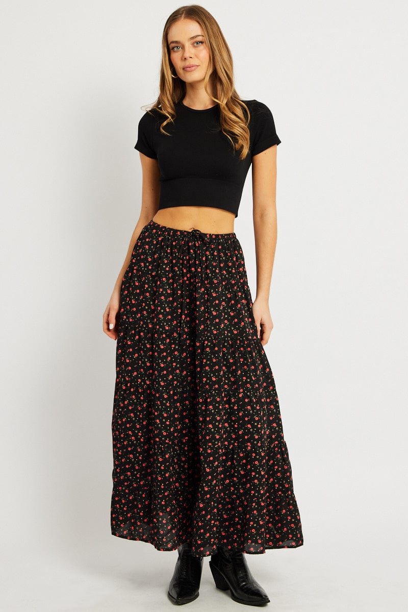 Black Ditsy Maxi Skirt Tiered High Rise for Ally Fashion