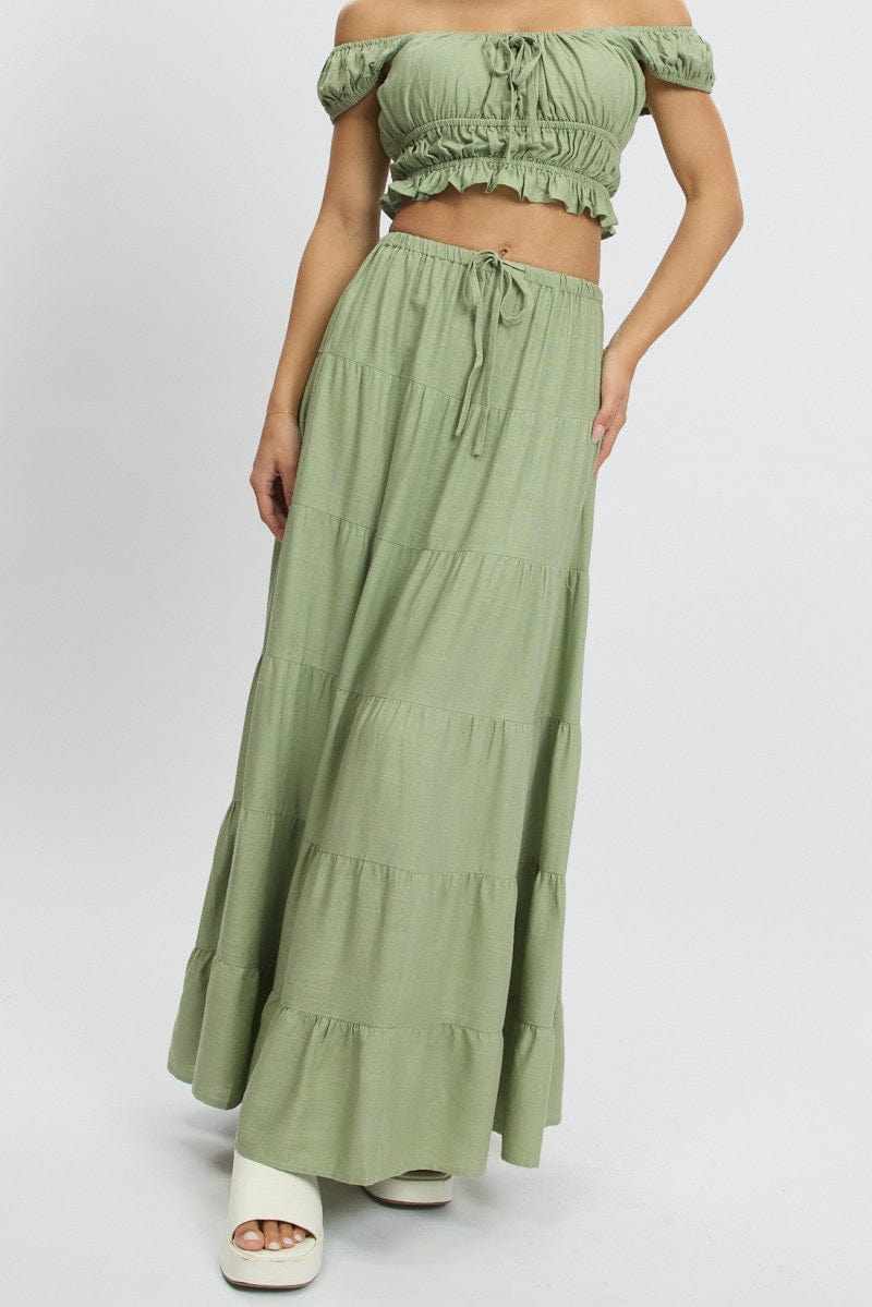 Green Maxi Skirt Tiered High Rise for Ally Fashion