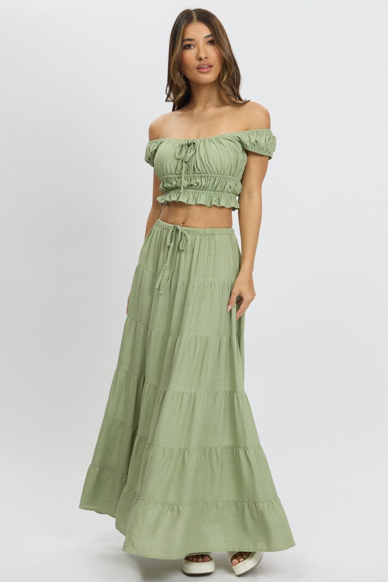 Green Maxi Skirt Tiered High Rise for Ally Fashion