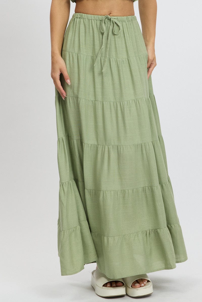 Green Maxi Skirt Tiered High Rise for Ally Fashion