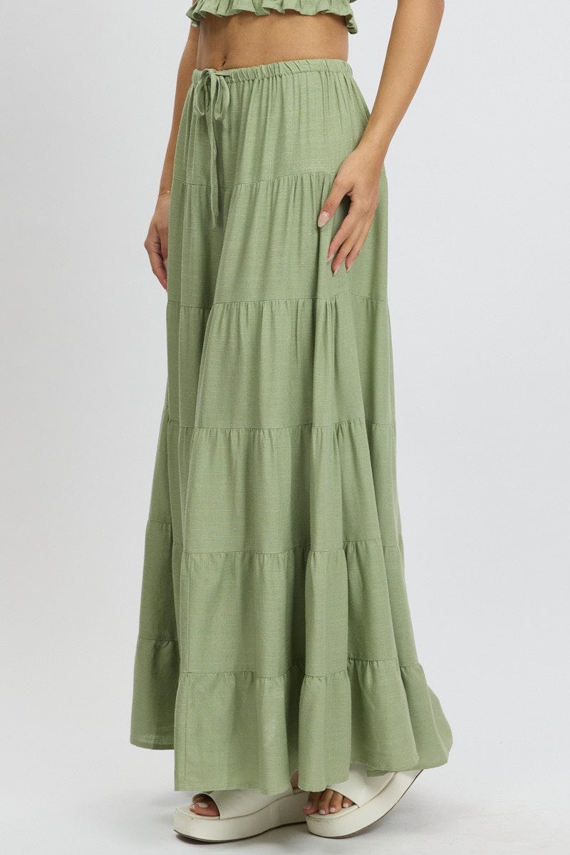 Green Maxi Skirt Tiered High Rise for Ally Fashion