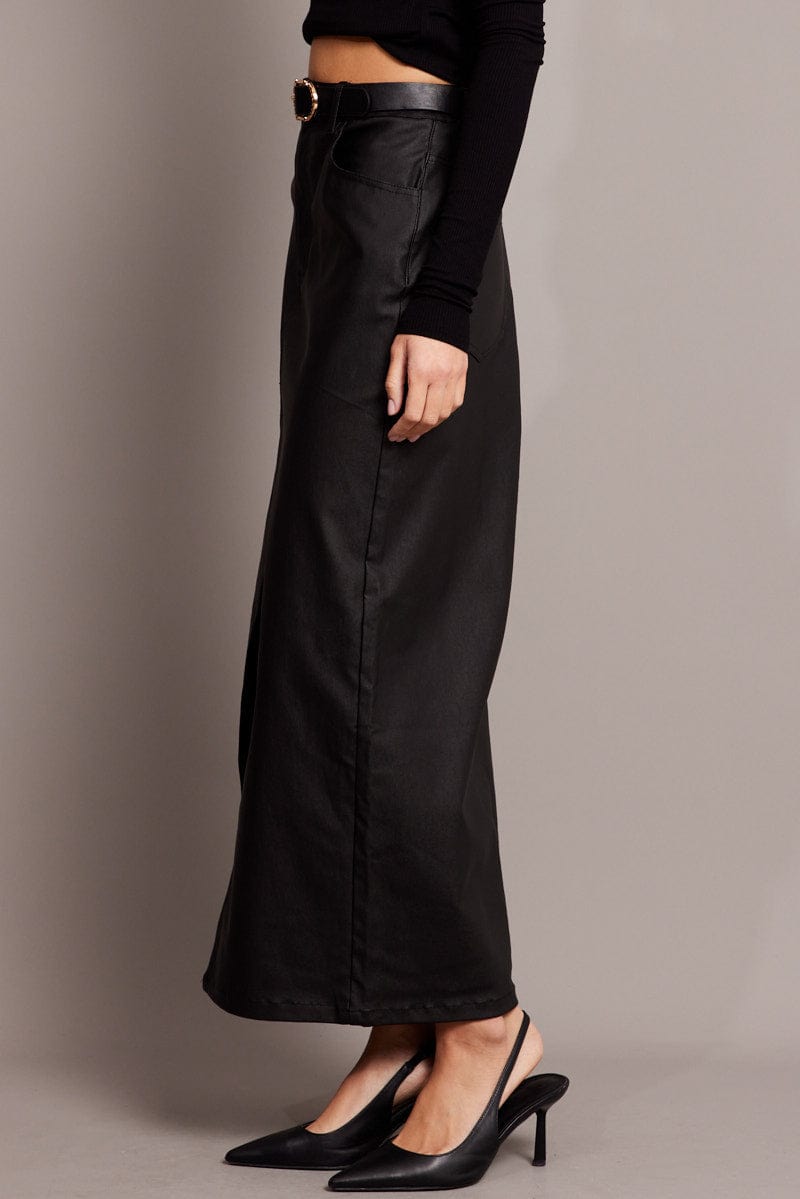 Black Midi Skirt High Rise Coated Fabric for Ally Fashion