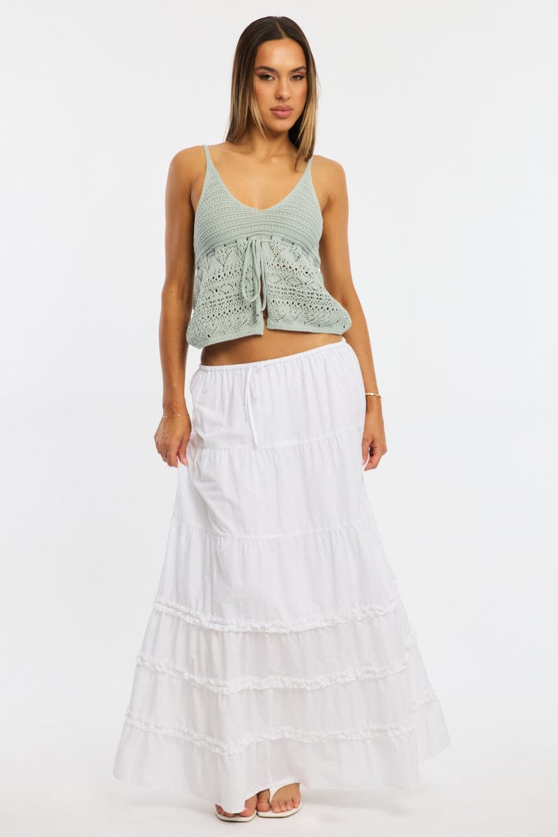 White Maxi Skirt Elasticated Waist Tiered Frilled Detail for Ally Fashion