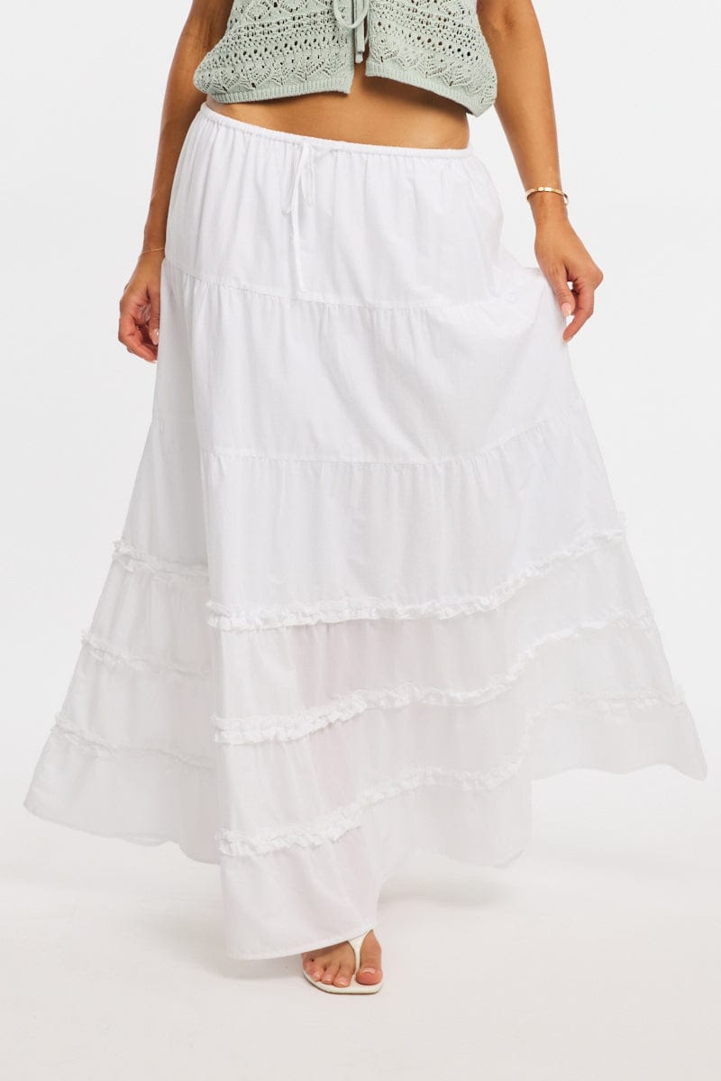 White Maxi Skirt Elasticated Waist Tiered Frilled Detail for Ally Fashion