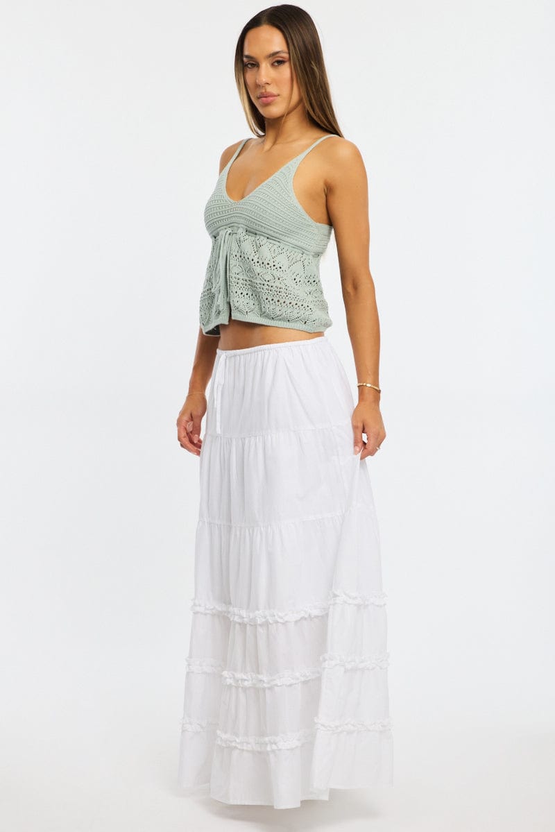 White Maxi Skirt Elasticated Waist Tiered Frilled Detail for Ally Fashion