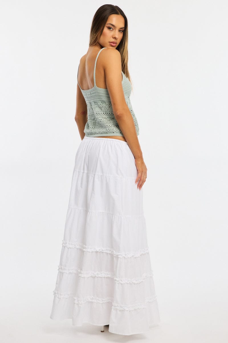 White Maxi Skirt Elasticated Waist Tiered Frilled Detail for Ally Fashion