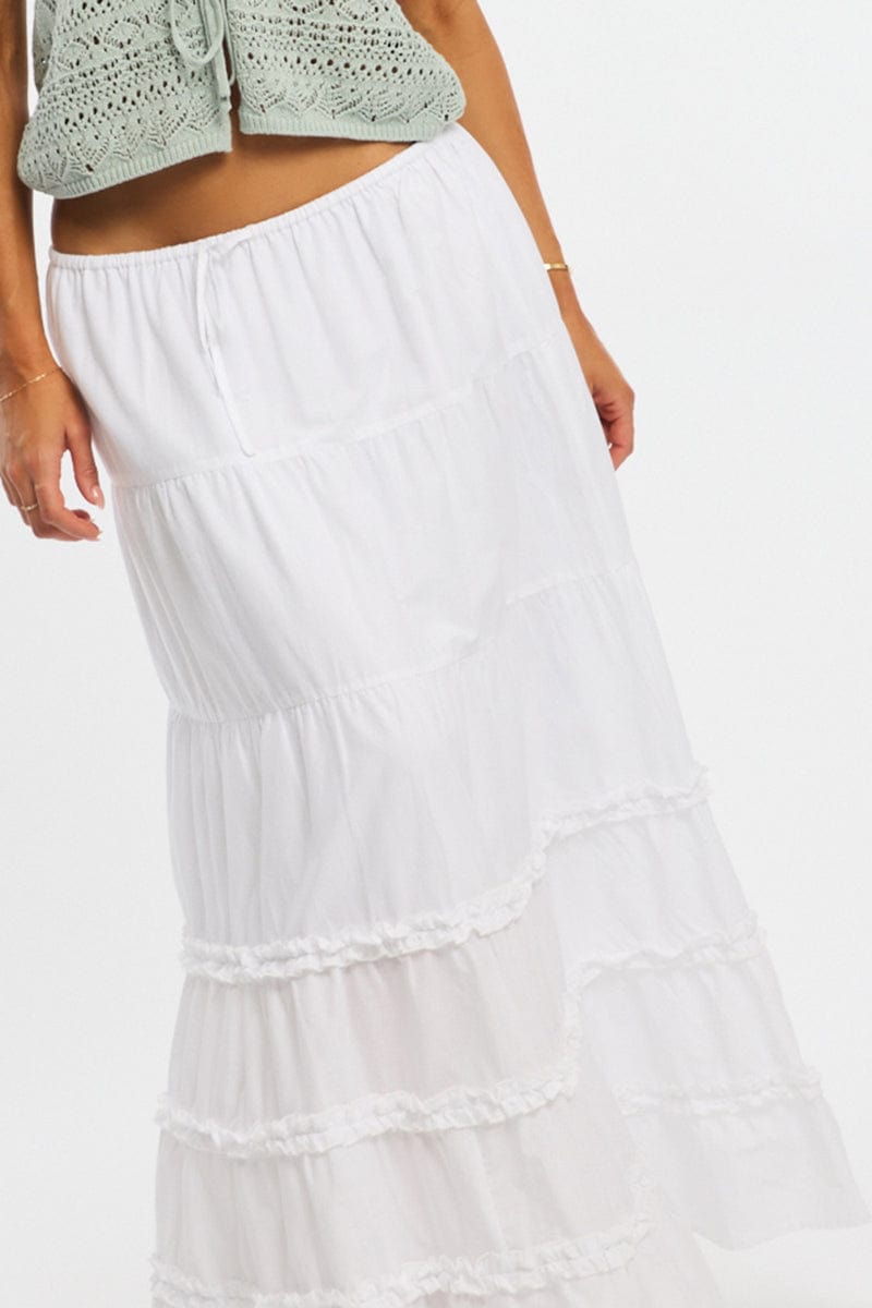 White Maxi Skirt Elasticated Waist Tiered Frilled Detail for Ally Fashion