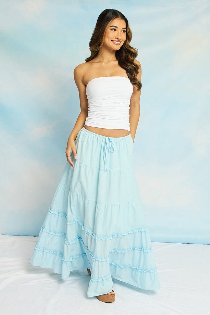 Blue Maxi Skirt Elasticated Waist Tiered Frilled Detail for Ally Fashion