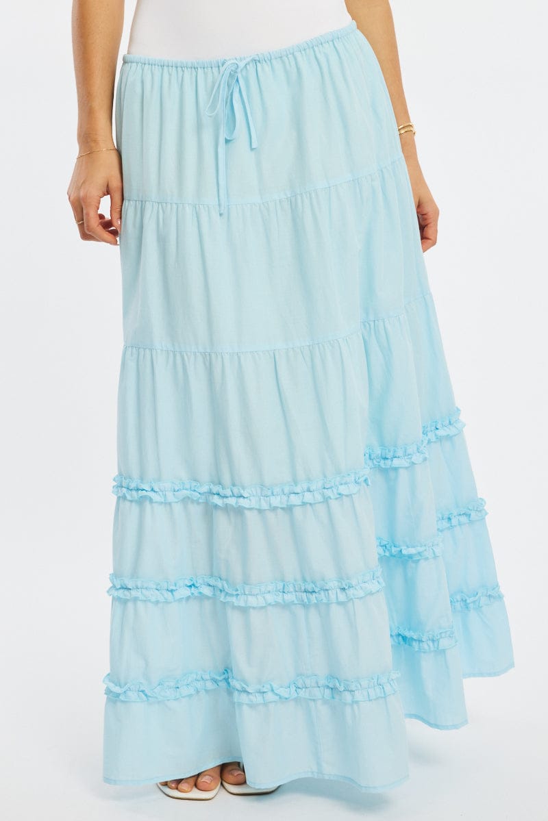 Blue Maxi Skirt Elasticated Waist Tiered Frilled Detail for Ally Fashion