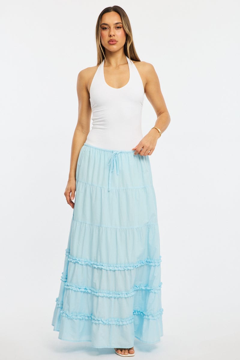 Blue Maxi Skirt Elasticated Waist Tiered Frilled Detail for Ally Fashion