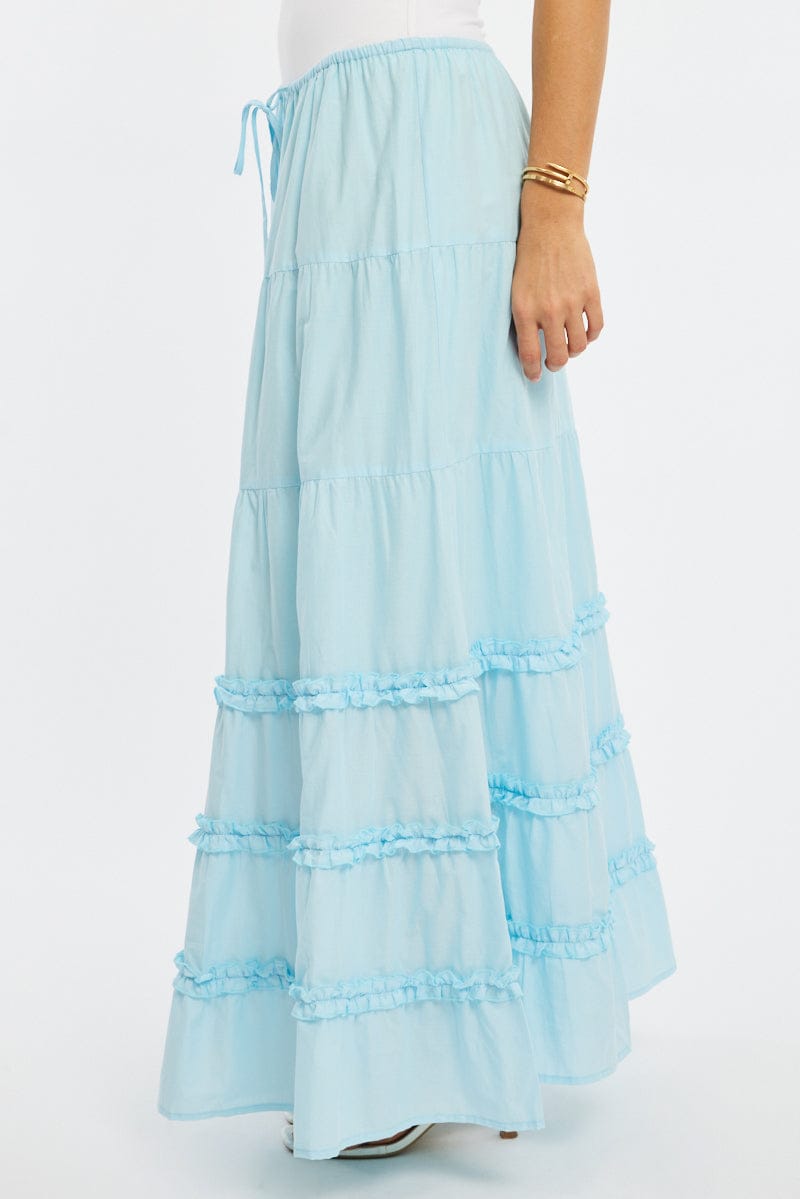 Blue Maxi Skirt Elasticated Waist Tiered Frilled Detail for Ally Fashion