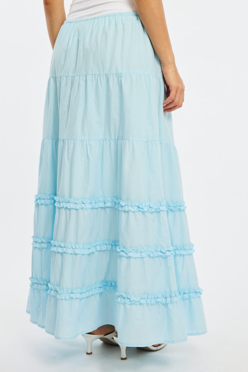 Blue Maxi Skirt Elasticated Waist Tiered Frilled Detail for Ally Fashion