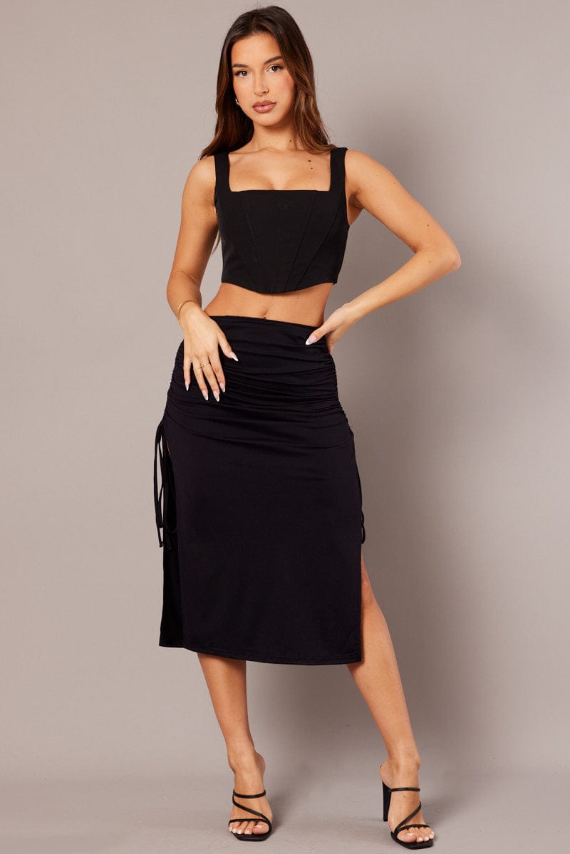 Black Maxi Skirt Side Ruched Jersey for Ally Fashion