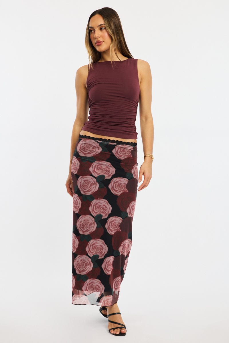 Black Floral Mesh Maxi Skirt Elastic Waist Lace Trim Detail for Ally Fashion
