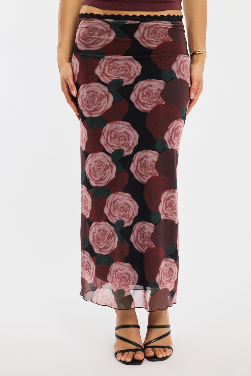 Black Floral Mesh Maxi Skirt Elastic Waist Lace Trim Detail for Ally Fashion