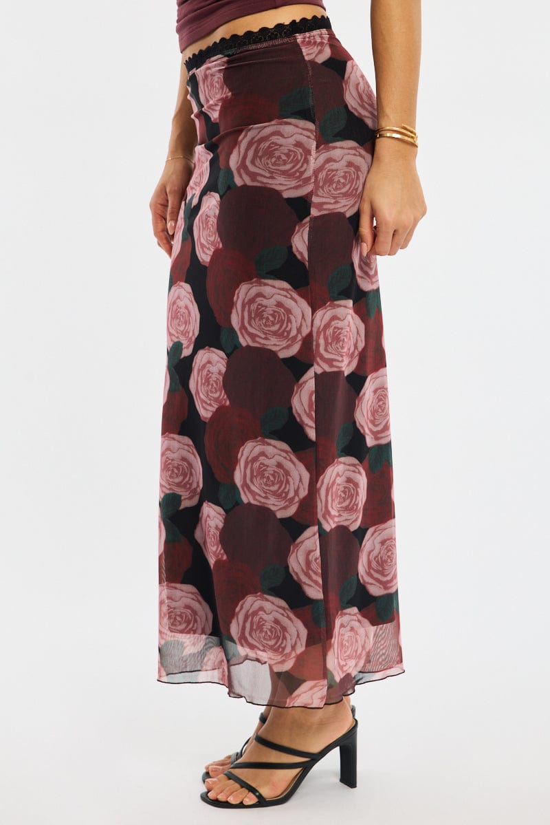 Black Floral Mesh Maxi Skirt Elastic Waist Lace Trim Detail for Ally Fashion