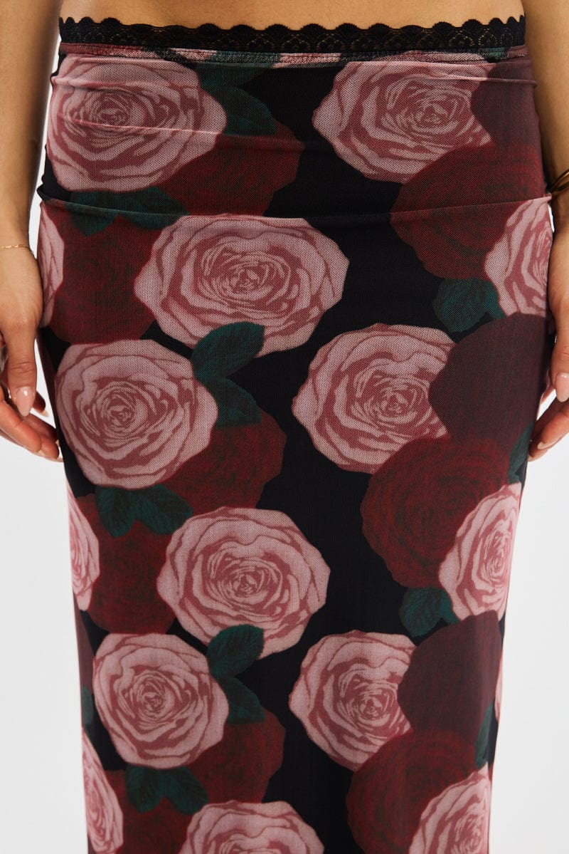 Black Floral Mesh Maxi Skirt Elastic Waist Lace Trim Detail Ally