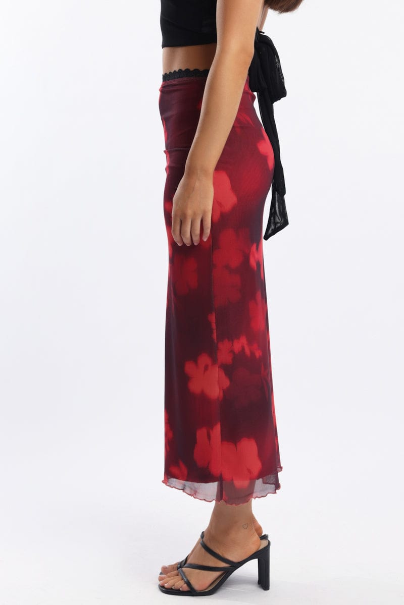 Red Floral Mesh Skirt Elasticated Lace Trim Midaxi Ally Fashion