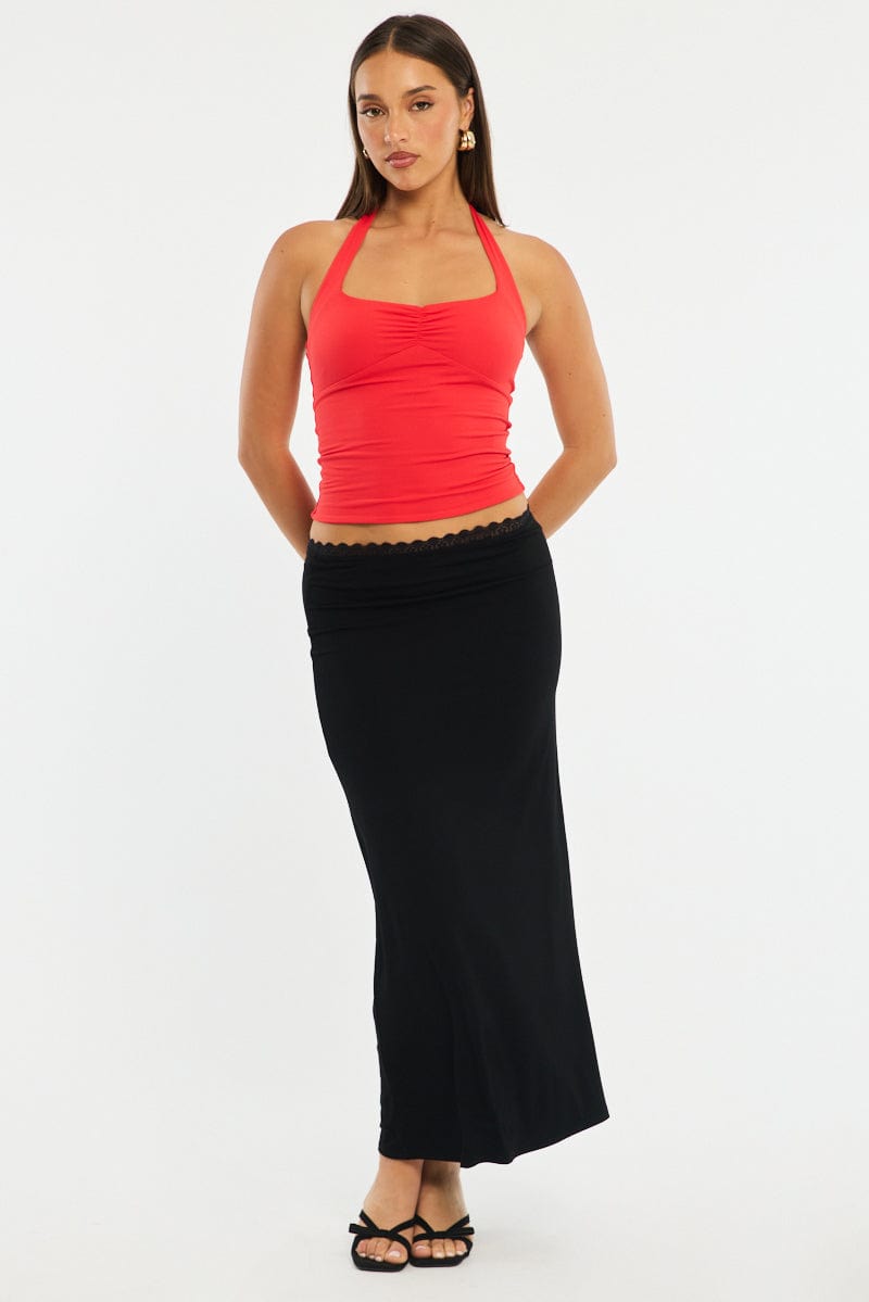 Black Maxi Skirt Elastic Waist Lace Trim Detail Lined for Ally Fashion