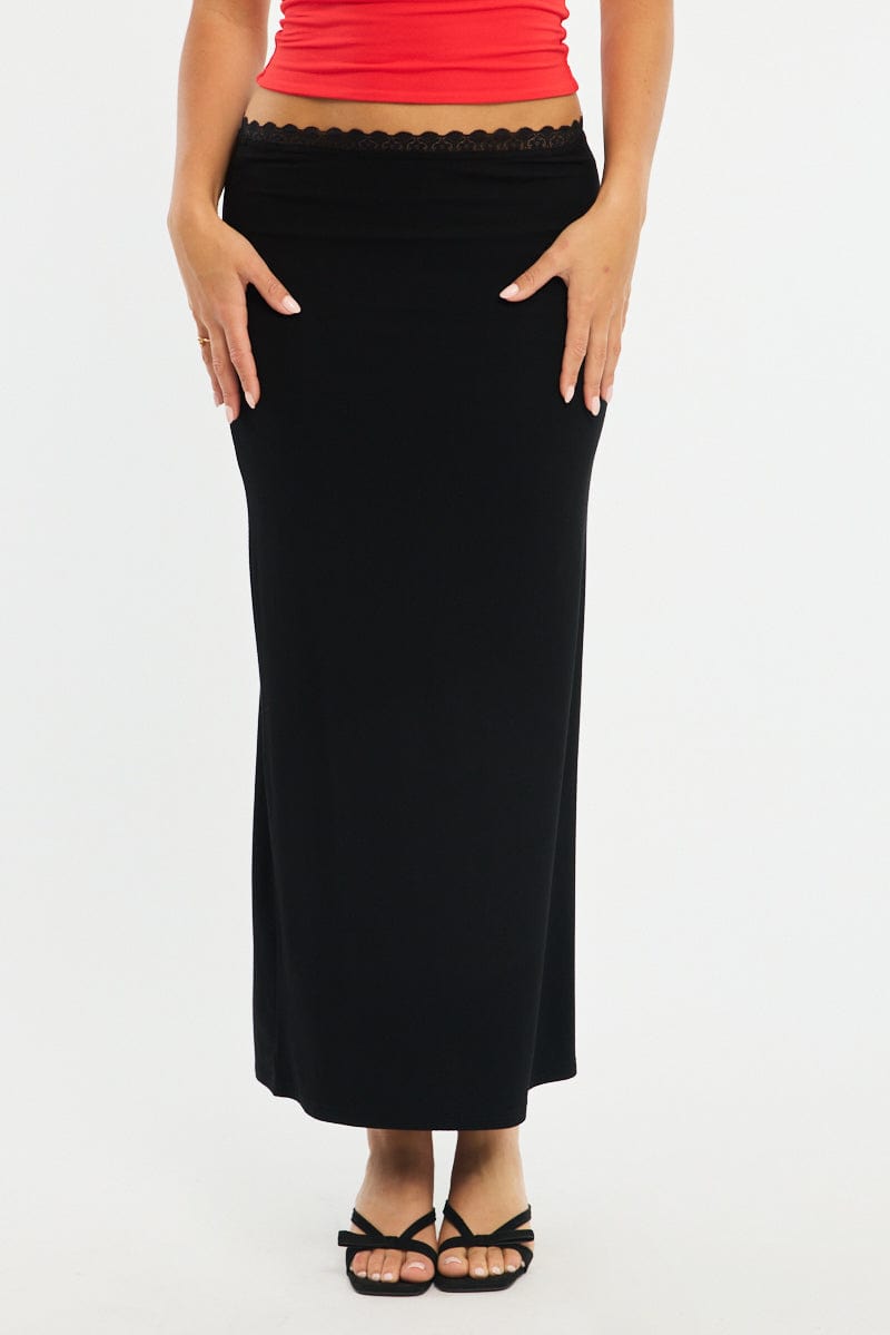 Black Maxi Skirt Elastic Waist Lace Trim Detail Lined for Ally Fashion