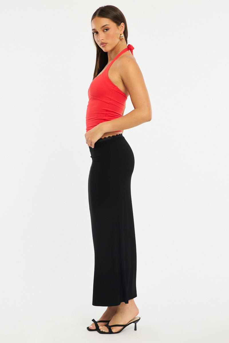 Black Maxi Skirt Elastic Waist Lace Trim Detail Lined for Ally Fashion