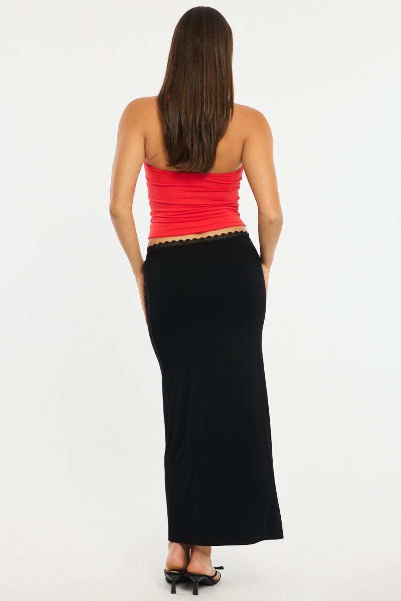 Black Maxi Skirt Elastic Waist Lace Trim Detail Lined for Ally Fashion