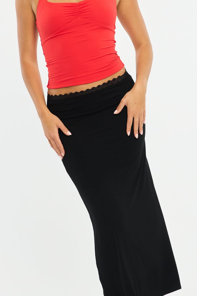 Black Maxi Skirt Elastic Waist Lace Trim Detail Lined for Ally Fashion