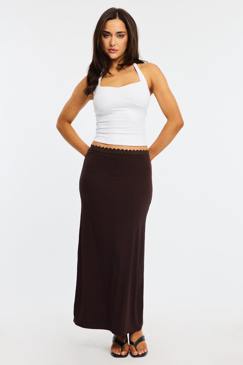 Brown Maxi Skirt Elastic Waist Lace Trim Detail Lined for Ally Fashion