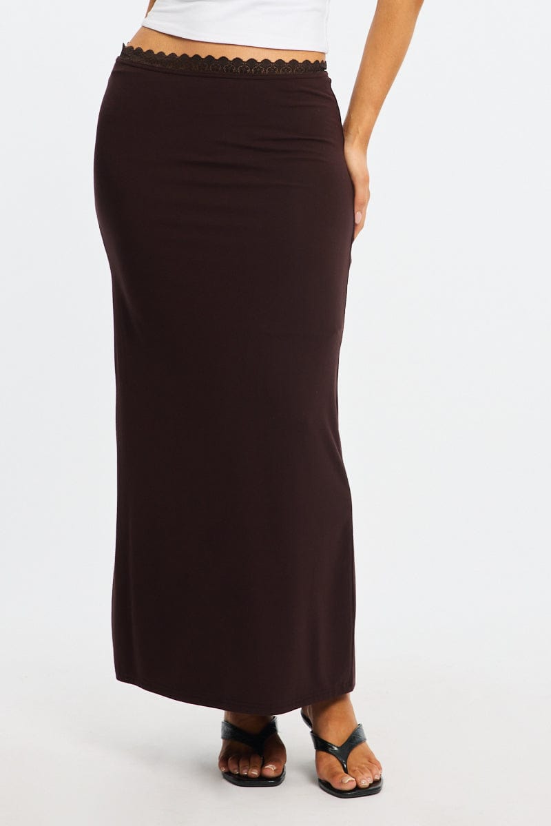 Brown Maxi Skirt Elastic Waist Lace Trim Detail Lined for Ally Fashion