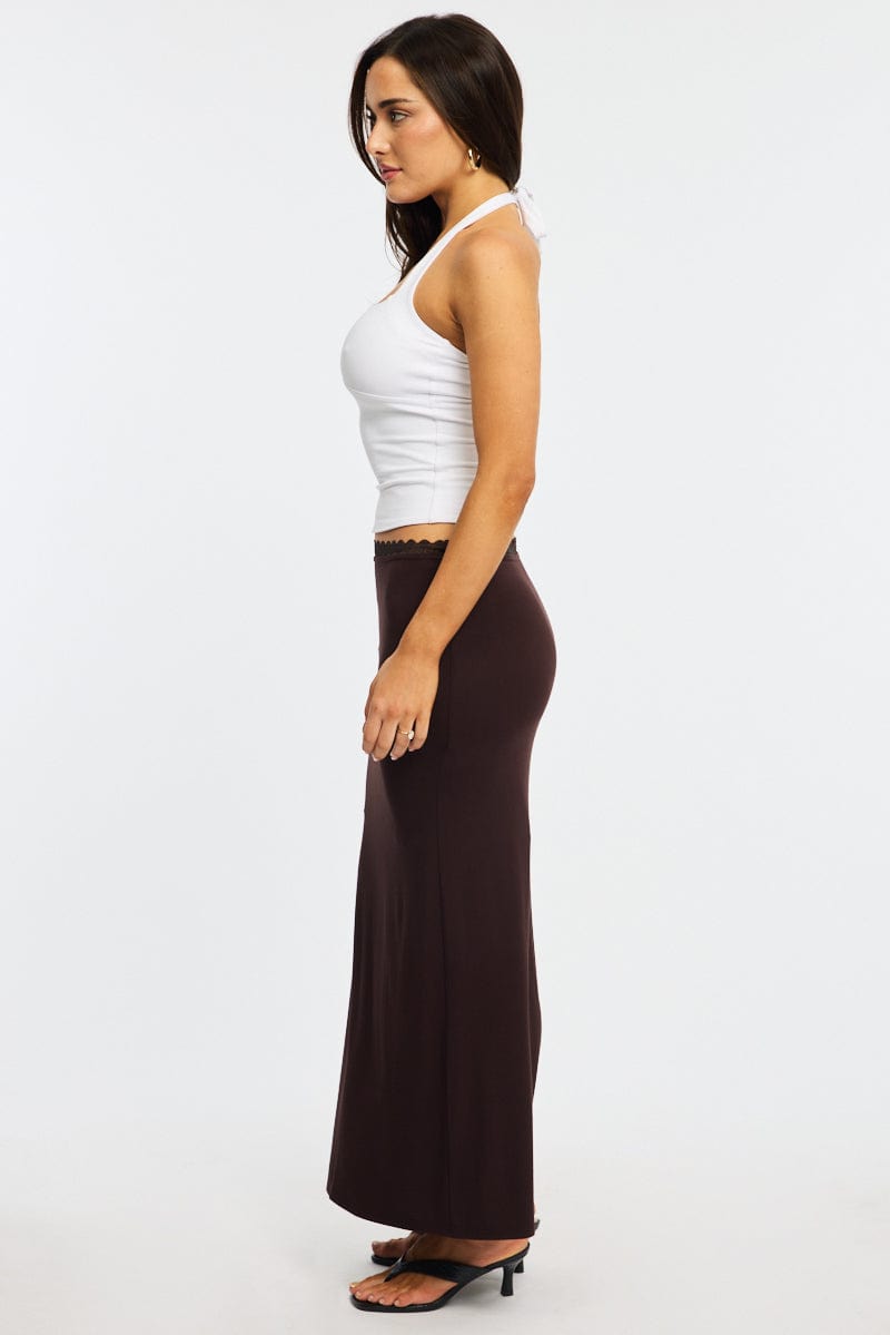 Brown Maxi Skirt Elastic Waist Lace Trim Detail Lined for Ally Fashion