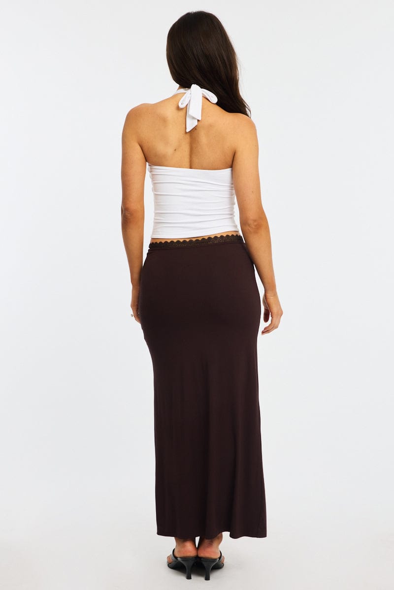 Brown Maxi Skirt Elastic Waist Lace Trim Detail Lined for Ally Fashion