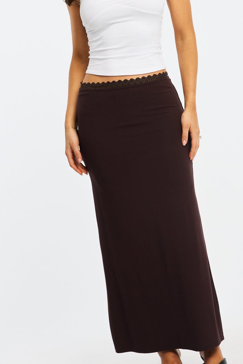 Brown Maxi Skirt Elastic Waist Lace Trim Detail Lined for Ally Fashion