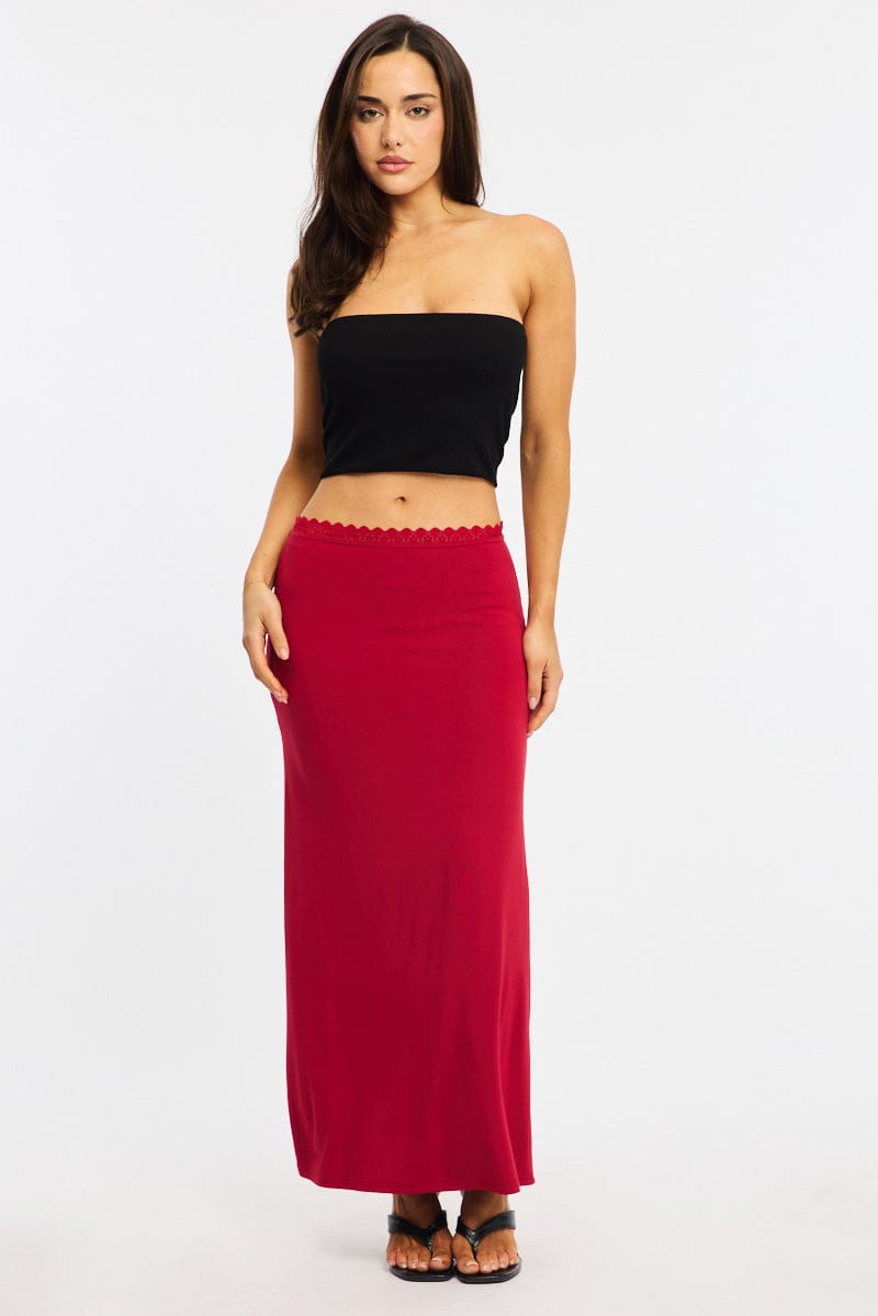 Red Maxi Skirt Elastic Waist Lace Trim Detail Lined for Ally Fashion
