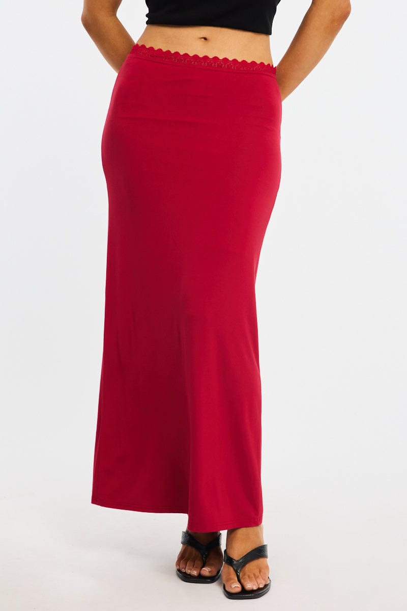 Red Maxi Skirt Elastic Waist Lace Trim Detail Lined for Ally Fashion