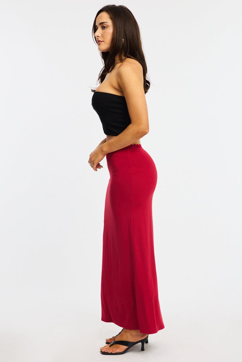Red Maxi Skirt Elastic Waist Lace Trim Detail Lined for Ally Fashion
