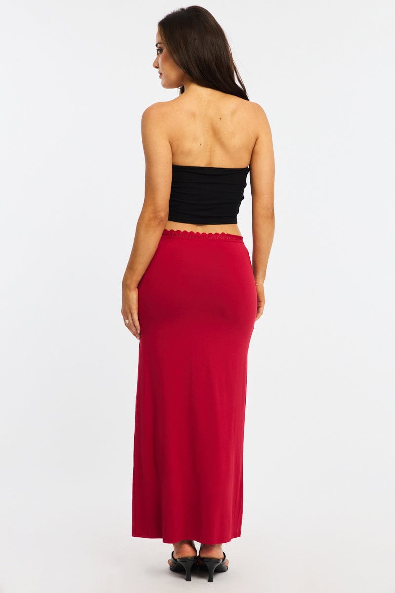 Red Maxi Skirt Elastic Waist Lace Trim Detail Lined for Ally Fashion