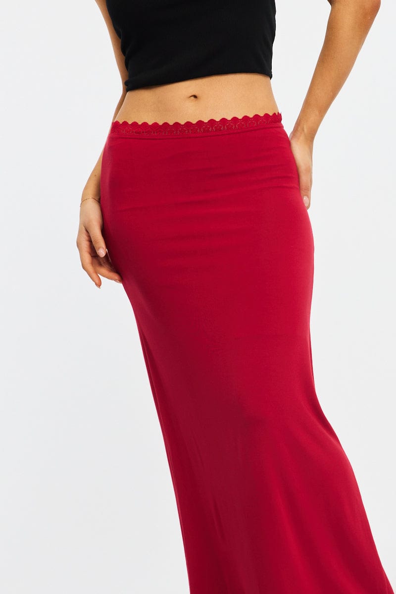 Red Maxi Skirt Elastic Waist Lace Trim Detail Lined for Ally Fashion