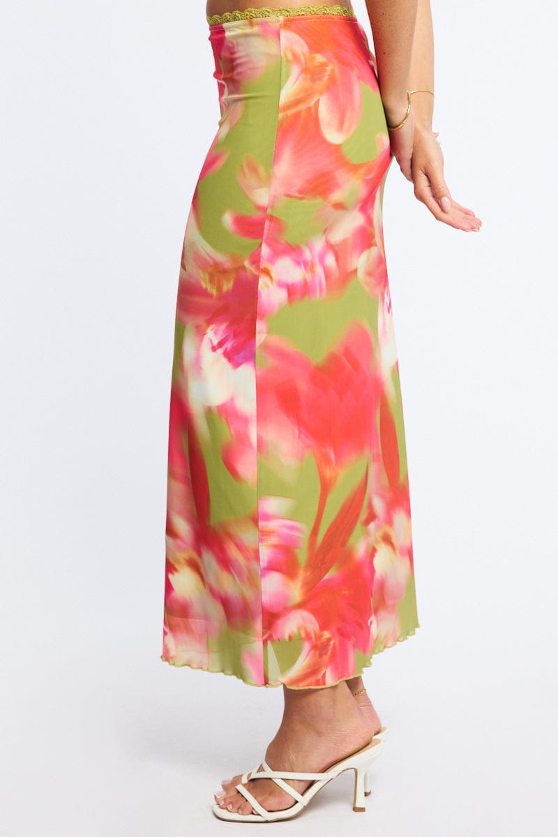 Green Floral Mesh Skirt Elasticated Lace Trim Midaxi for Ally Fashion