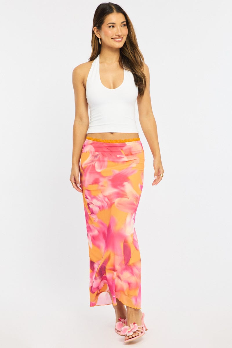 Orange Floral Mesh Skirt Elasticated Lace Trim Midaxi for Ally Fashion