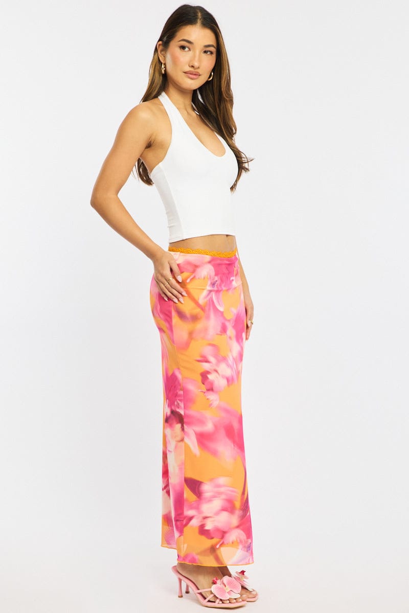 Orange Floral Mesh Skirt Elasticated Lace Trim Midaxi for Ally Fashion