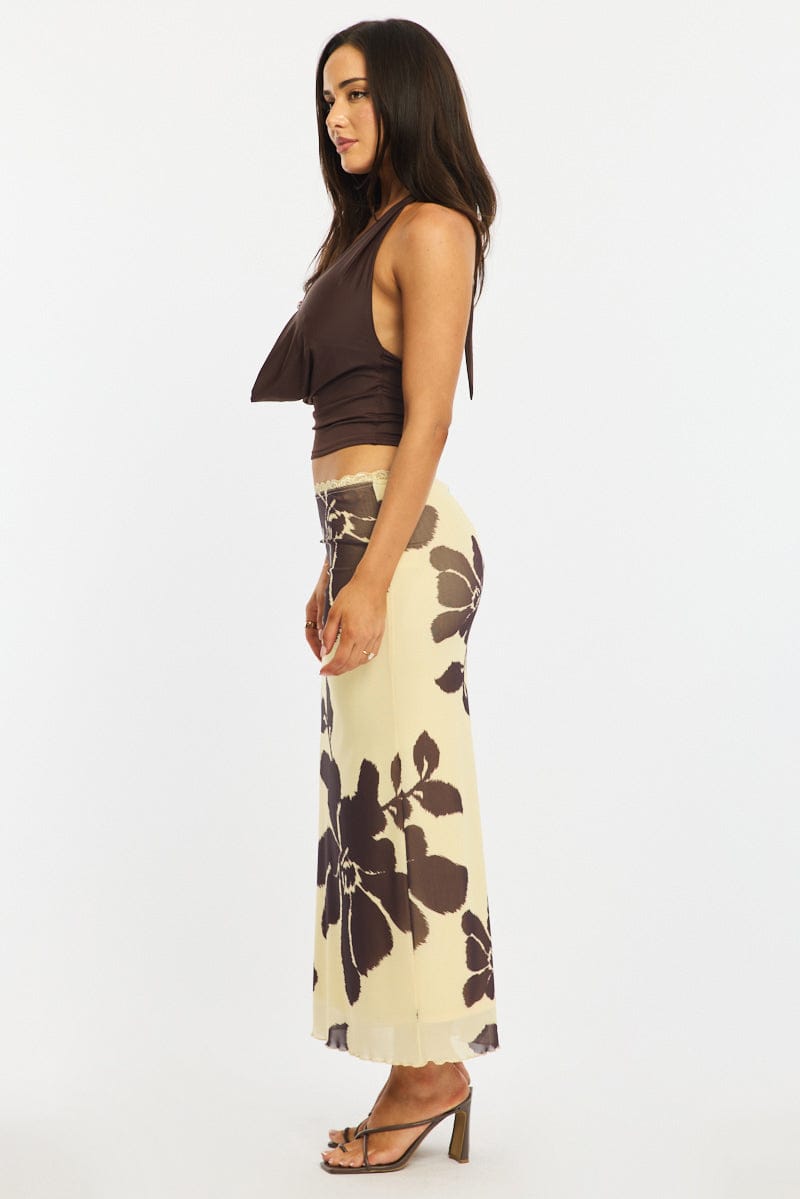 Yellow Floral Mesh Skirt Elasticated Lace Trim Midaxi for Ally Fashion