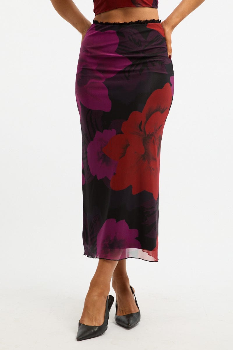 Black Floral Mesh Skirt Elasticated Lace Trim Midaxi for Ally Fashion