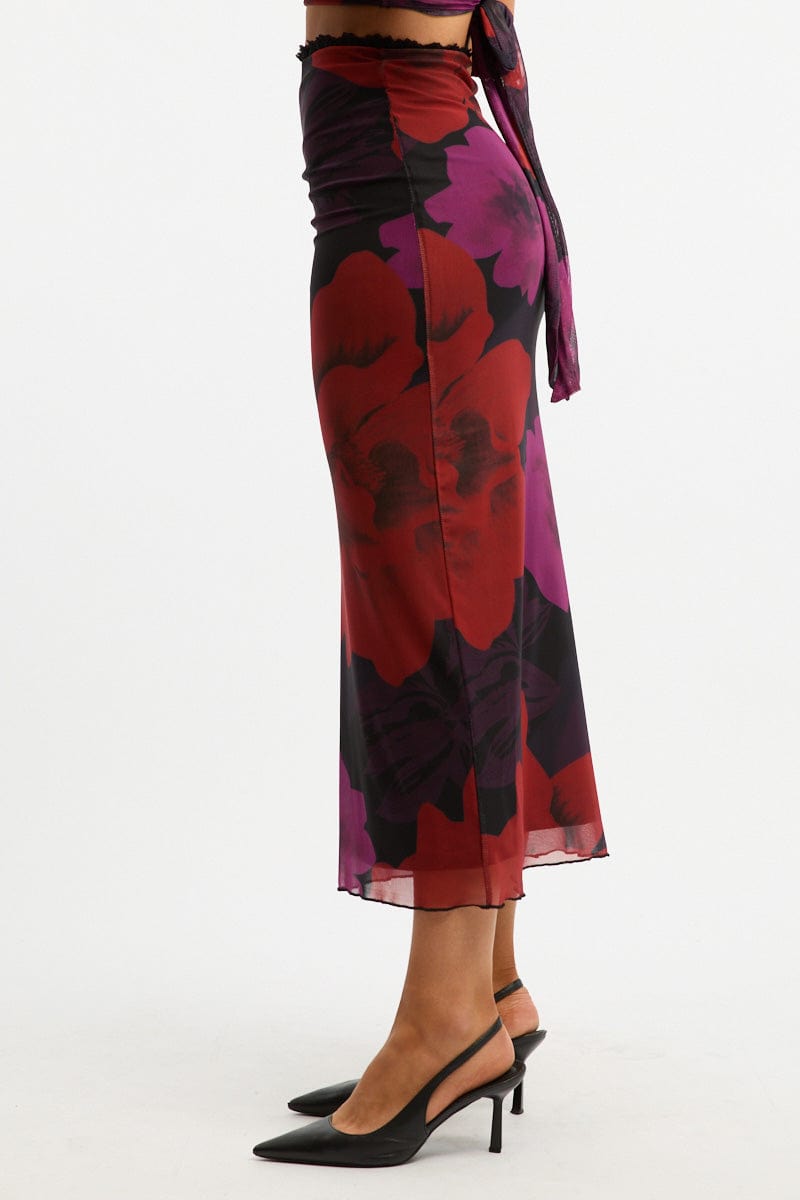 Black Floral Mesh Skirt Elasticated Lace Trim Midaxi for Ally Fashion