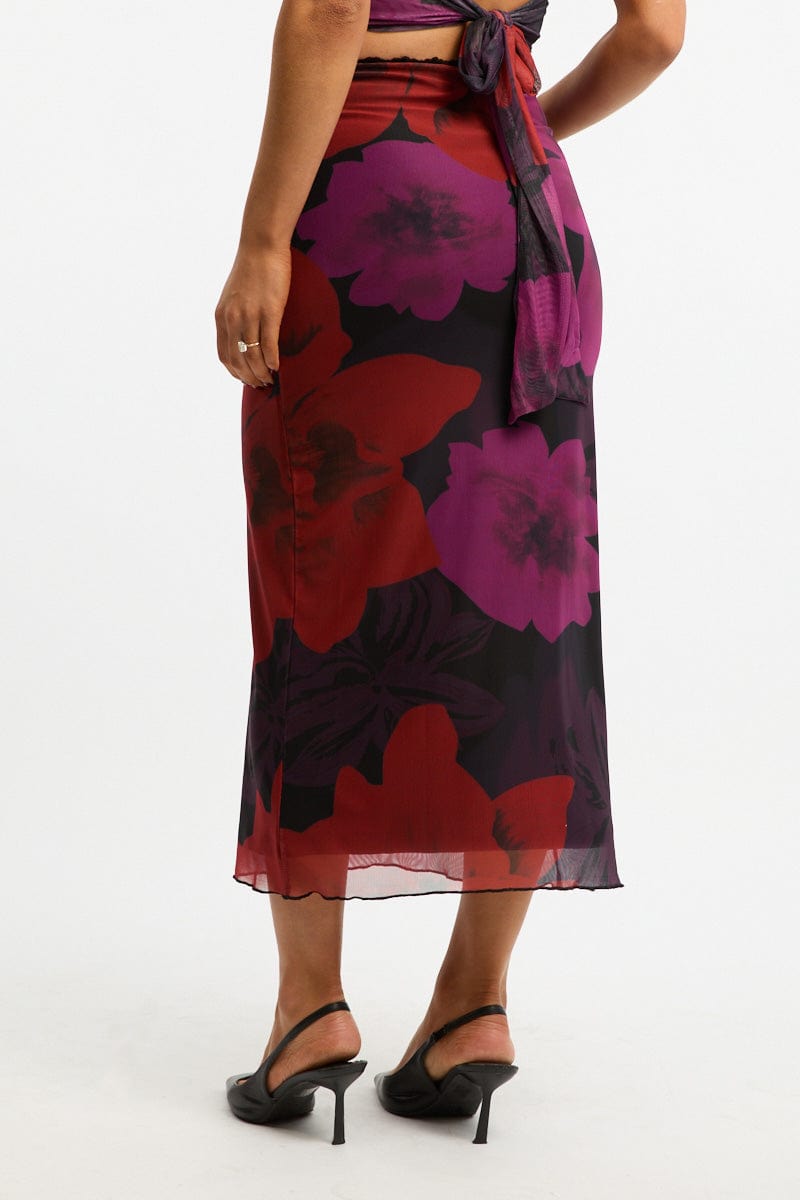 Black Floral Mesh Skirt Elasticated Lace Trim Midaxi for Ally Fashion